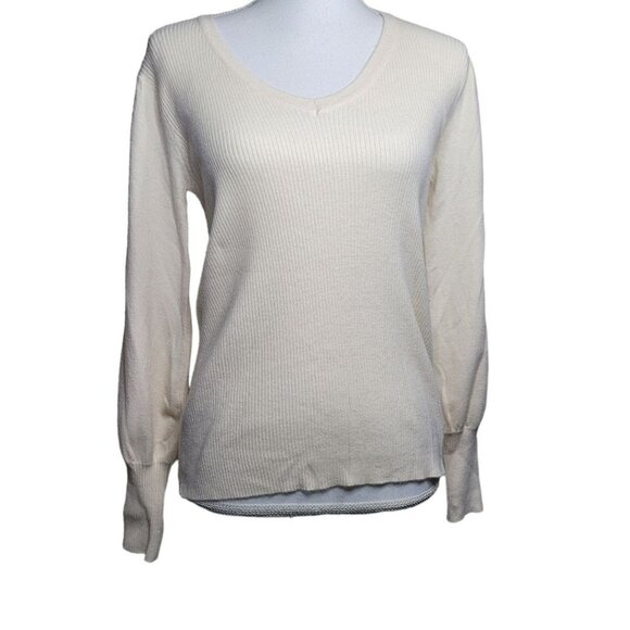 Ophelia Roe Sweater V Neck Bish Sleeve Yellow Ribbed Pullover Soft Womens Small - Picture 2 of 11